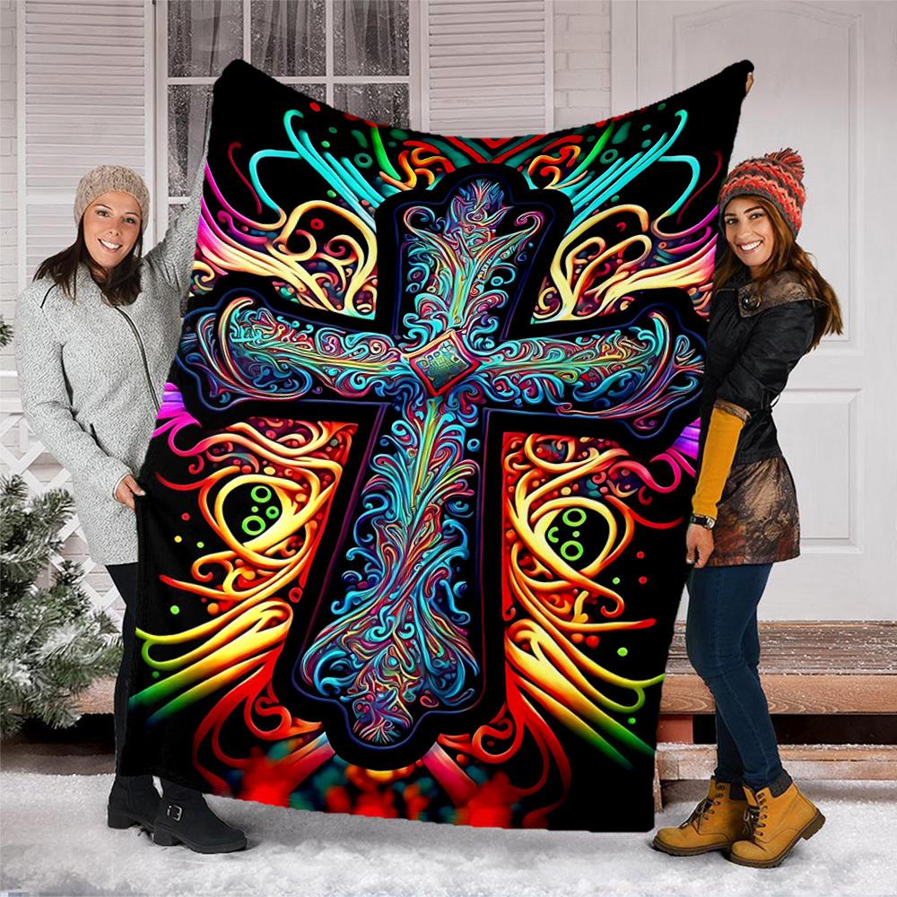 1pc Psychedelic Cross Throw Blanket Polyester Fiber, Lightweight Flannel, Soft & Warm, All Season Use for Outdoor, Camping Digital Print