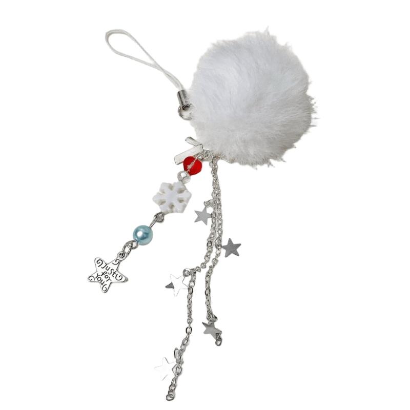 Fuzzy Balls Snowflake Star Bead Cellphone Strap Christmas Phone Lanyard Colorful Beaded Bag Charm Holiday Accessory