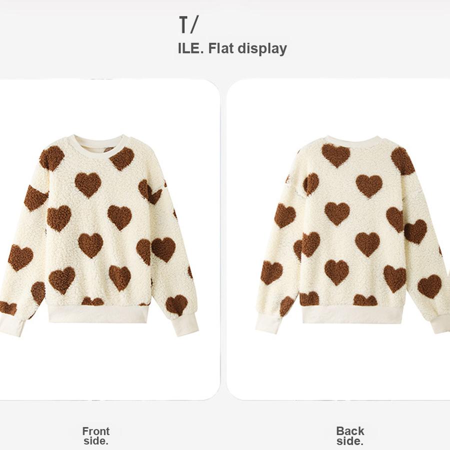 Faux Fur Heart Print Loose Long Sleeve Crew Neck Sweatshirt for Women