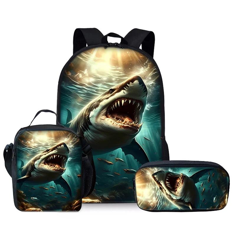 Marine Animal Shark Three Piece Set Backpacks for Boy and Girls Best Gifts 3D Cartoon School Backpack for Children