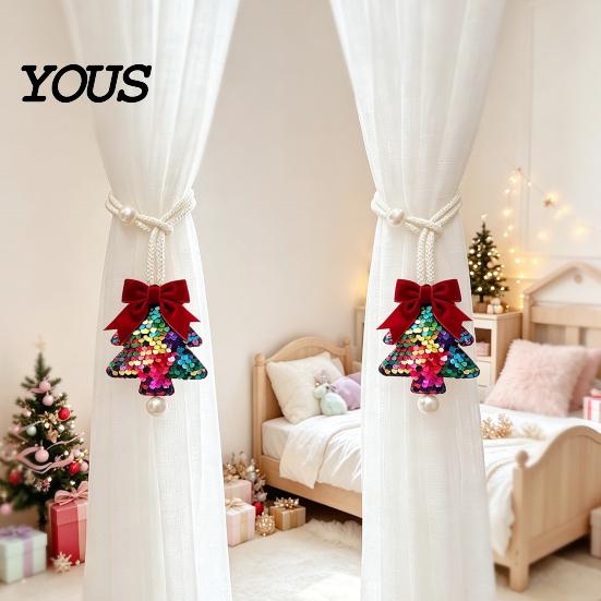 Woven Rope Curtain Buckles Sequined Tree Tieback, Sparkling Christmas Holder with Reusable Fabric Ties Bow, Decorative Drapery Holdback for