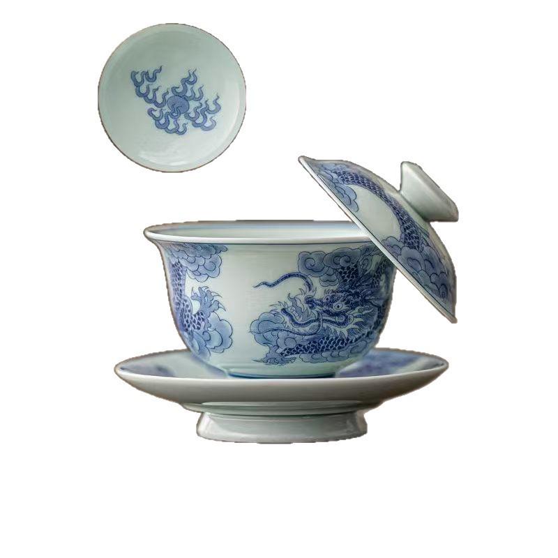 Retro Blue and White Underglaze Lidded Tea Bowl Set, Gongfu Style, 360ml