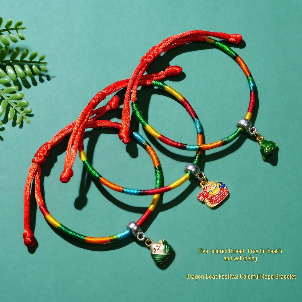 Five-Color Dragon Boat Festival Bracelet with Zongzi Pendant - Ethnic Style Hand Jewelry for Adults & Children