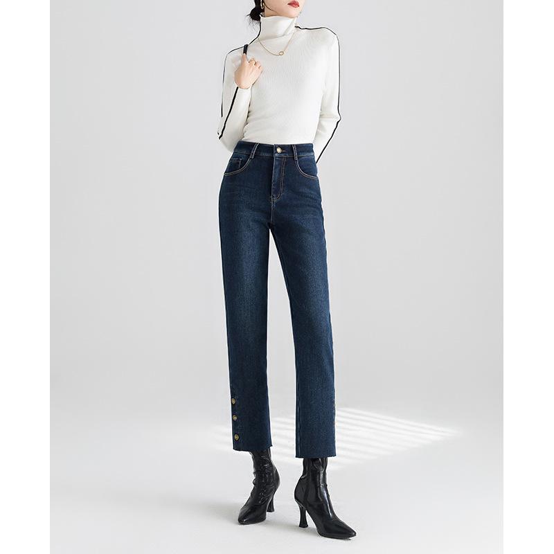 

Бархатные джинсы-сигареты для женщин на зиму, новые модные брюки для通勤 с высокой талией, маленькие девятиточечные прямые брюки-бунгало 32