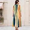 Women Plus Size Round Neck Keyhole 3 4 Sleeve Long Dress Watercolor Striped Print Green Yellow