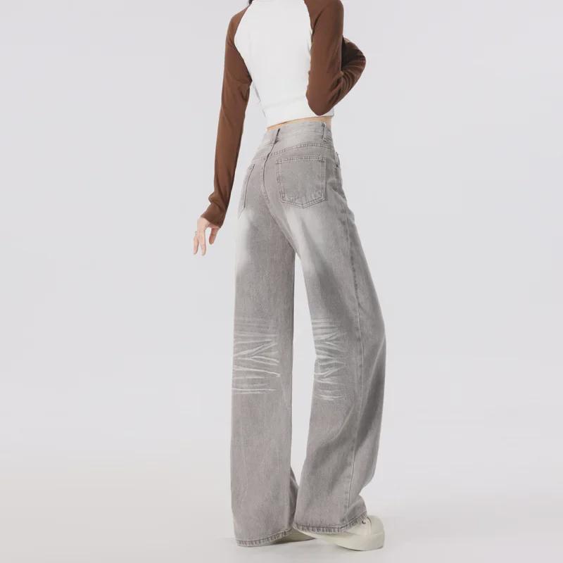 Women's Gray Corrugated Wide-Leg Jeans - 2024 Autumn Lazy Street Style