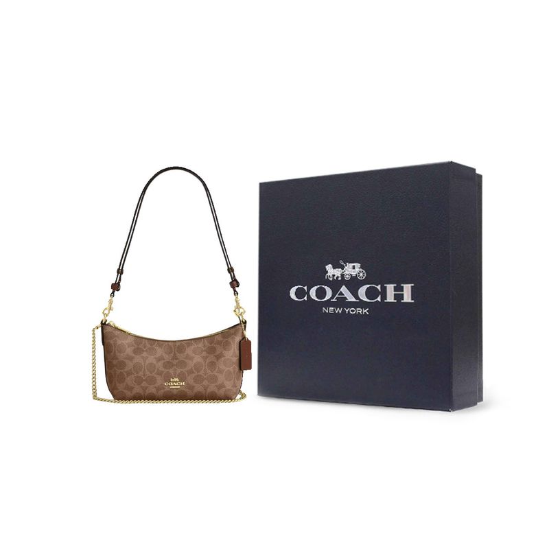 Coach Caitlin 13 Klassische Monogramm-Print Beschichtetes Canvas Umhängetasche Kleine Damen-Umhängetasche Braun CEK80-IMXHE