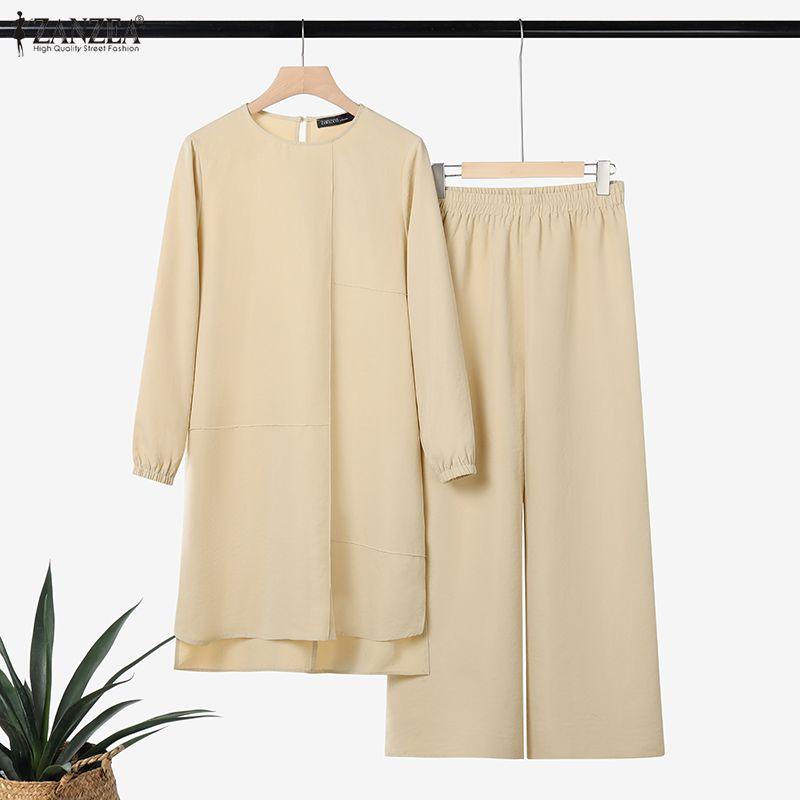 ZANZEA Women Muslim Long Blouse and Pants Casual Two Piece Suit Sets