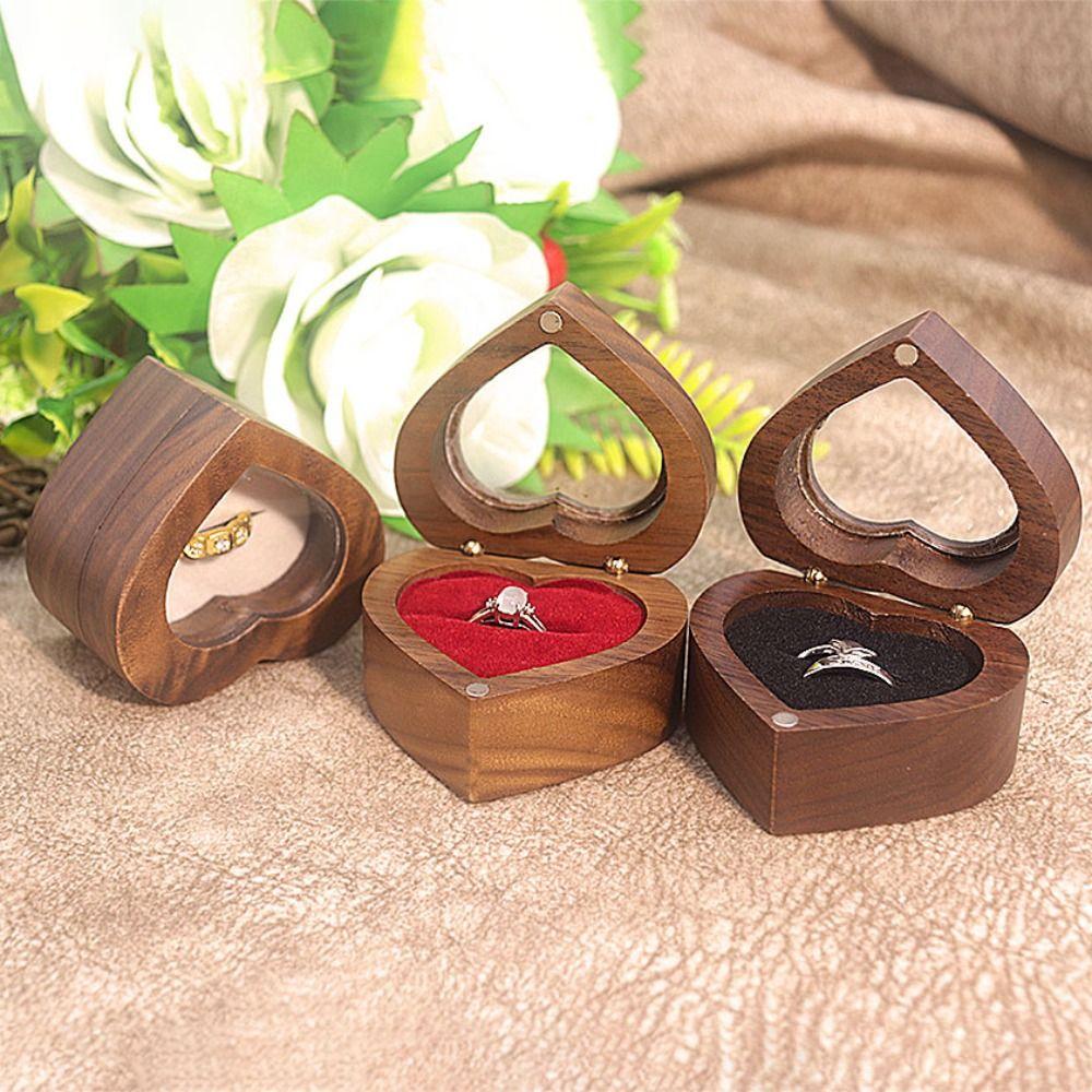 Transparent Cover Walnut Wood Rings Box Magnetic Cover Rings Bearer Box Heart Rings Holder  Gifts