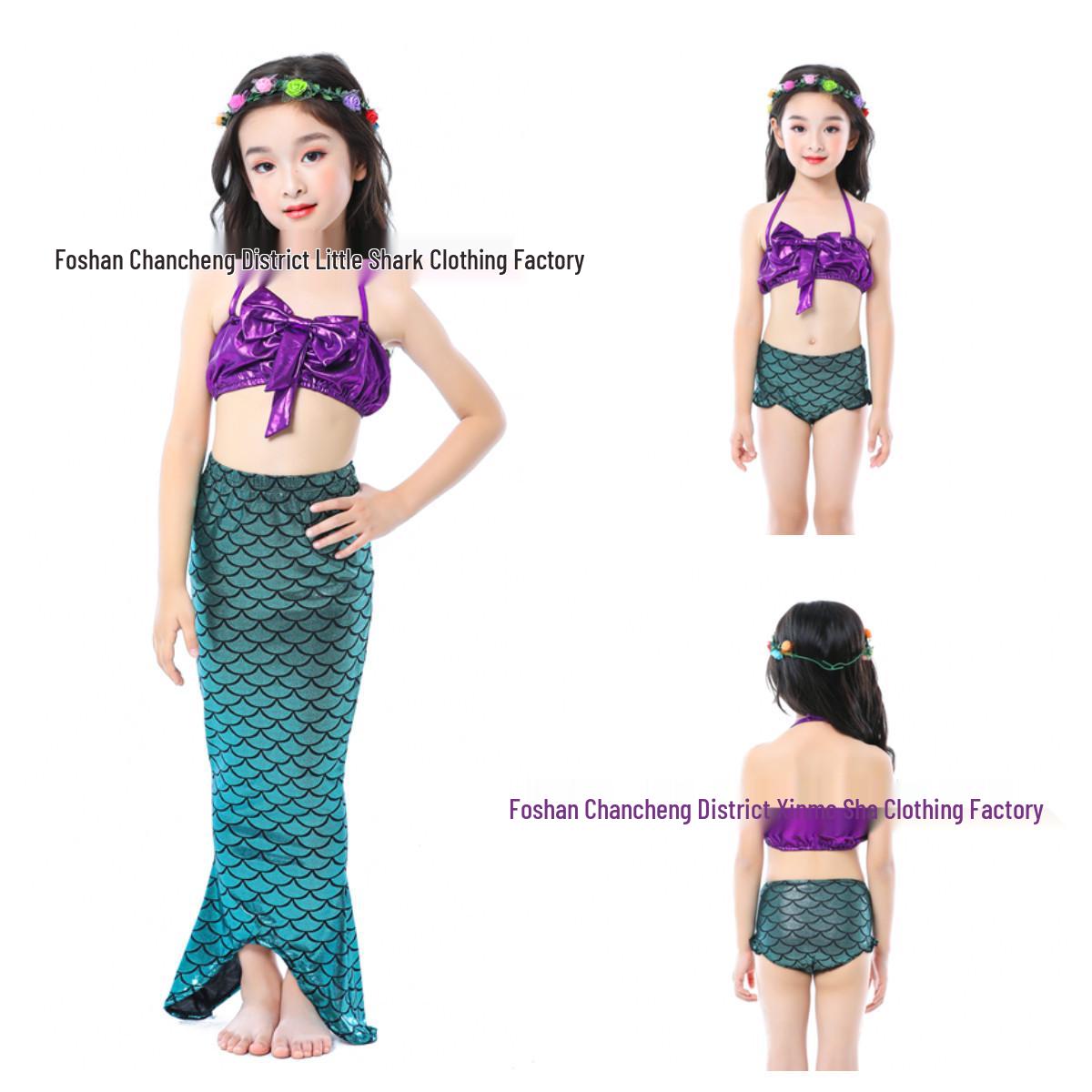 New Girls  Mermaid Bikini Three-Piece Swimsuit with Open-Leg Style Shorts 130
