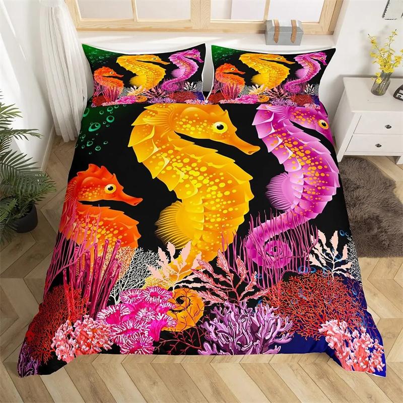 Seahorse Duvet Cover Marine Ocean Animal Print Bedding Set Mediterranean Teal Theme for Kids Women Gifts