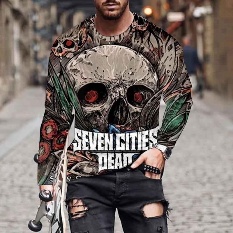 Frühlings- und Herbst-Rundhals-Totenkopfmuster 3D-bedrucktes Oberteil Modische lässige langärmelige Herren-T-Shirts