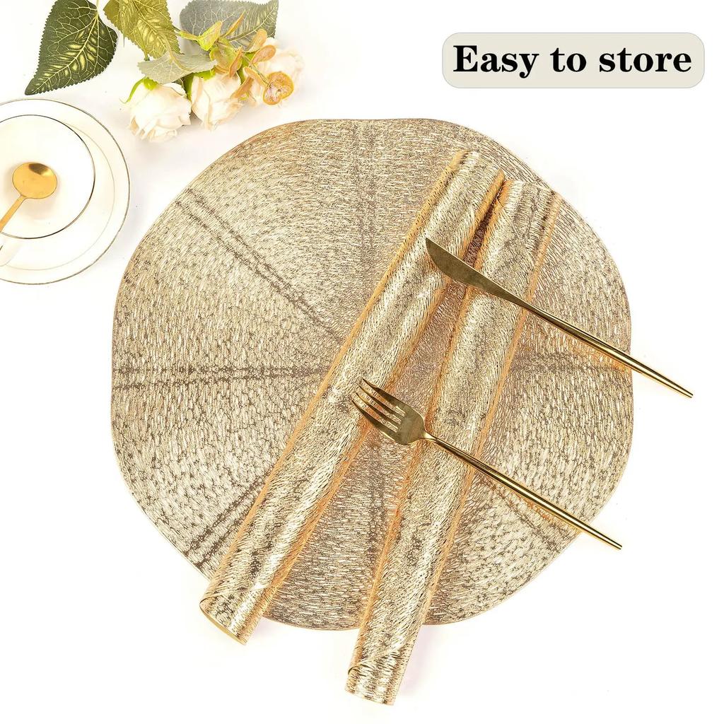Gold Round Placemats,Round Vinyl Placemats Bulk 15 Inch Table Place Mat Non Slip for Indoor Outdoor Holiday Wedding Dinner