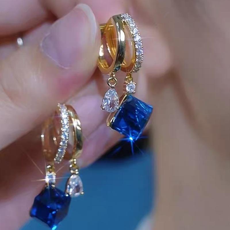 New design blue crystal sugar cube earrings women s temperament small stud earrings