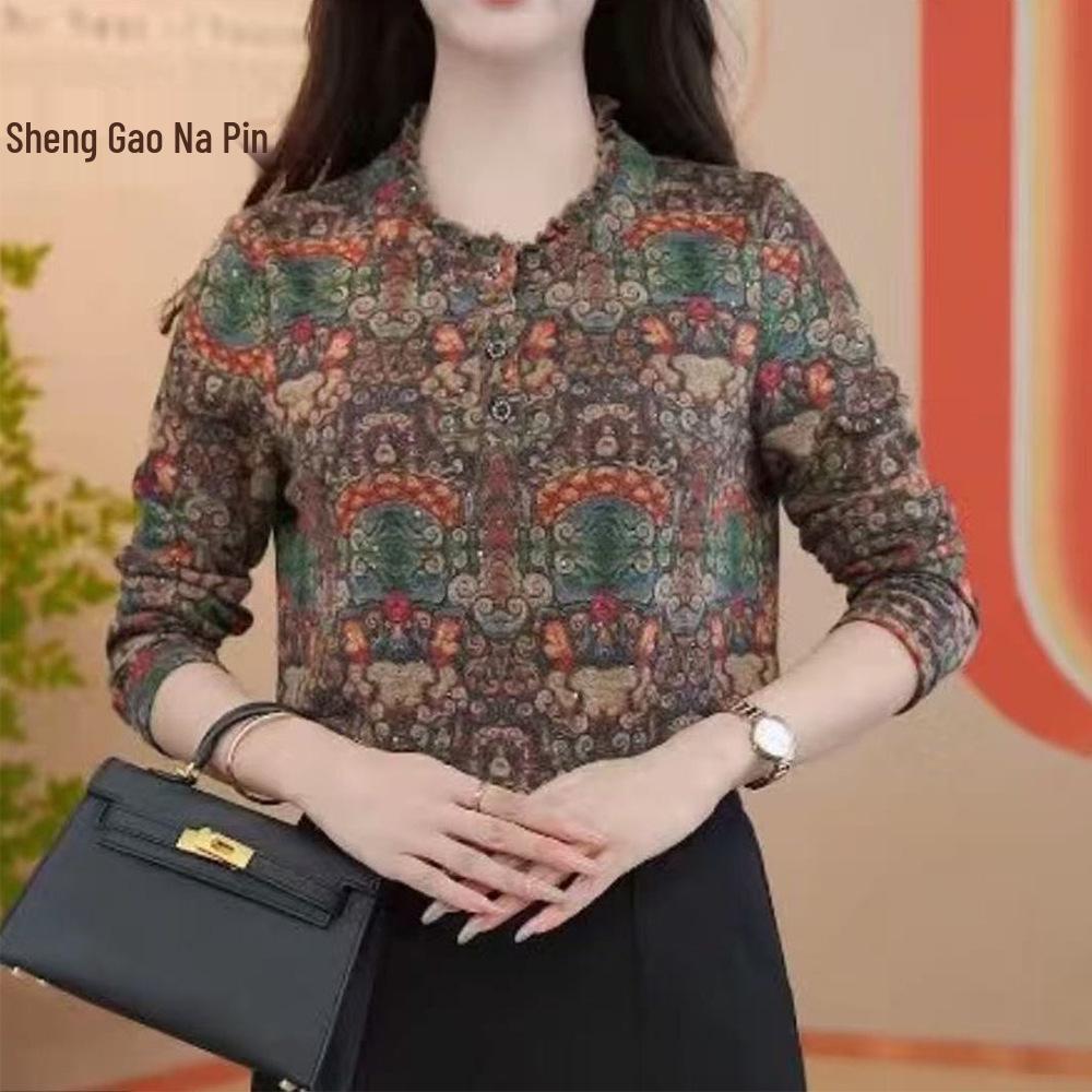 Plus Size Floral Print Long Sleeve Top for Middle-Aged & Elderly Women