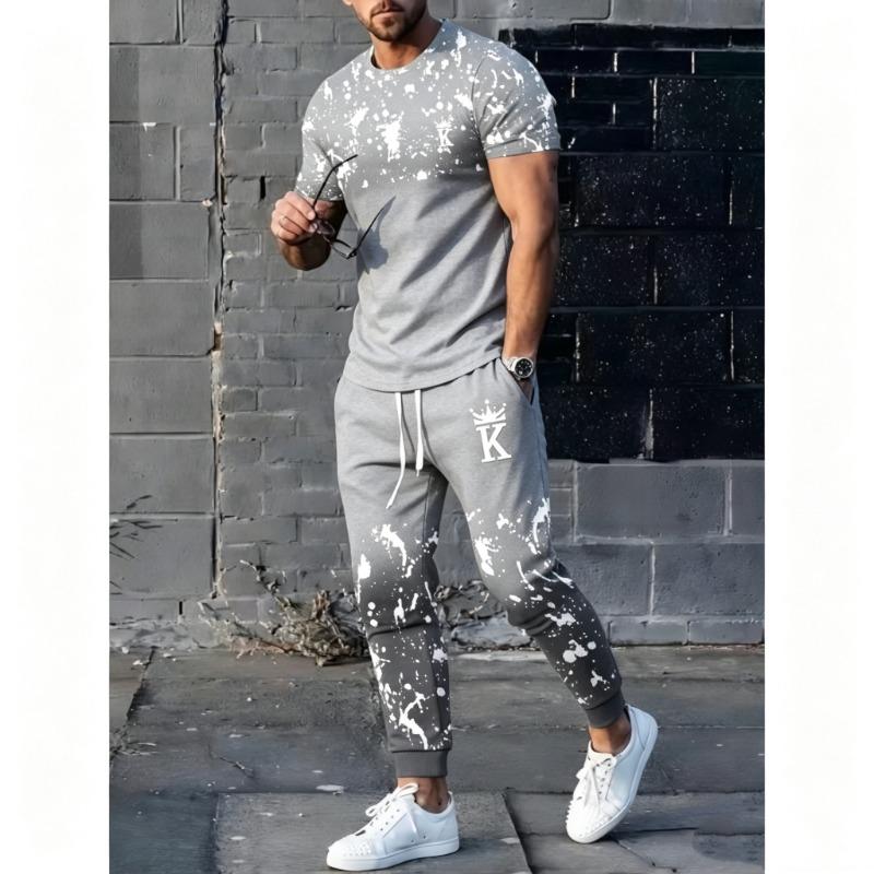 Men's Polyester Sportswear | Elegant Casual Round Neck | Slightly Stretchy Knit with 3D Print Crown Pattern Short Sleeve T-Shirt and Pants