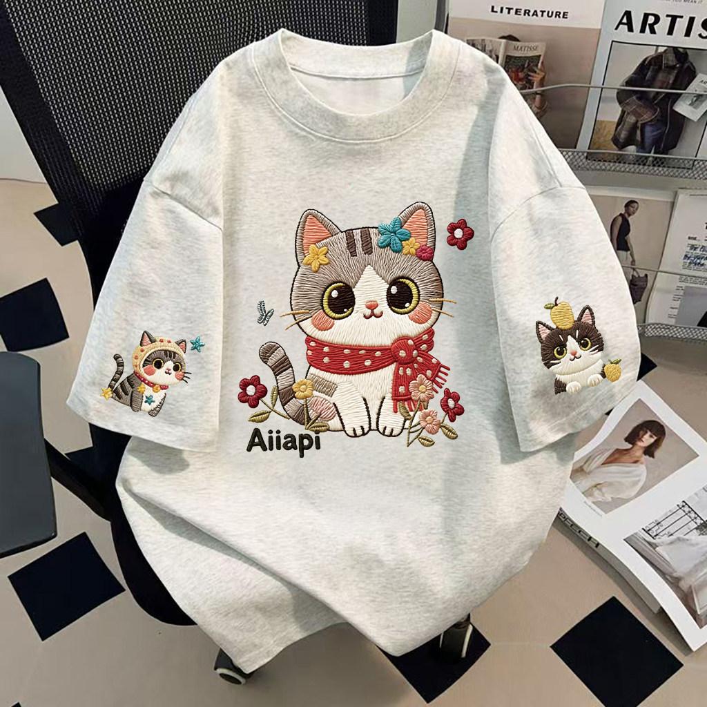 Women's O Neck Short Sleeve Tee Loose Fit Korean Style Cartoon Cat Embroidery Casual Top