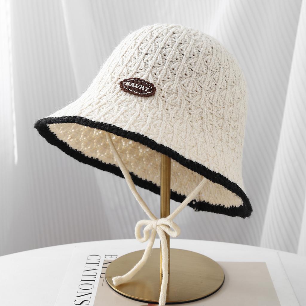 Patch Button Contrasting Edge Strap Knitted Hat Women's Autumn and Winter Casual Versatile Bucket Hat Vacation Sunshade Bucket Hat Tide