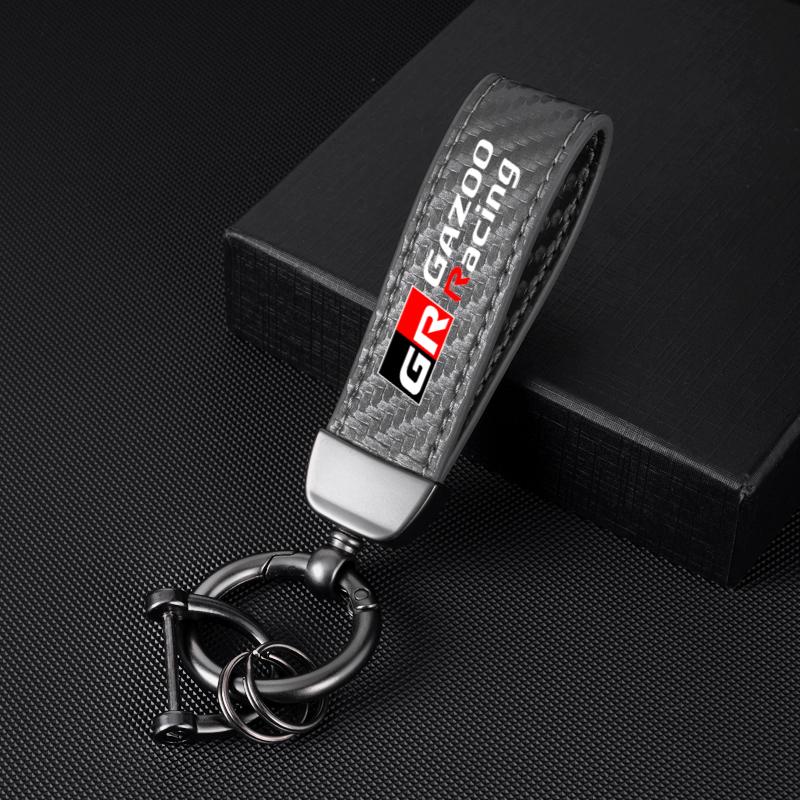 1PC Carbon fiber Car Keychain Key Ring Metal Leather For Toyota GR GAZOO RACING Toyota Yaris Hilux Corolla Prius Accessories
