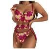 Women's Sexy Flower Embroidery  Lace Hollow See-through Underwear Three-piece Suit