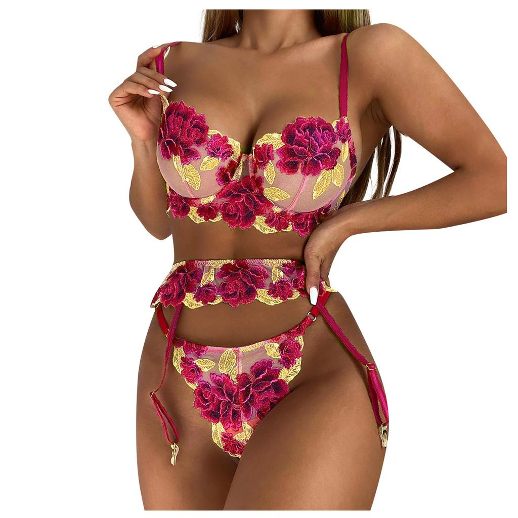 Women's Sexy Flower Embroidery  Lace Hollow See-through Underwear Three-piece Suit