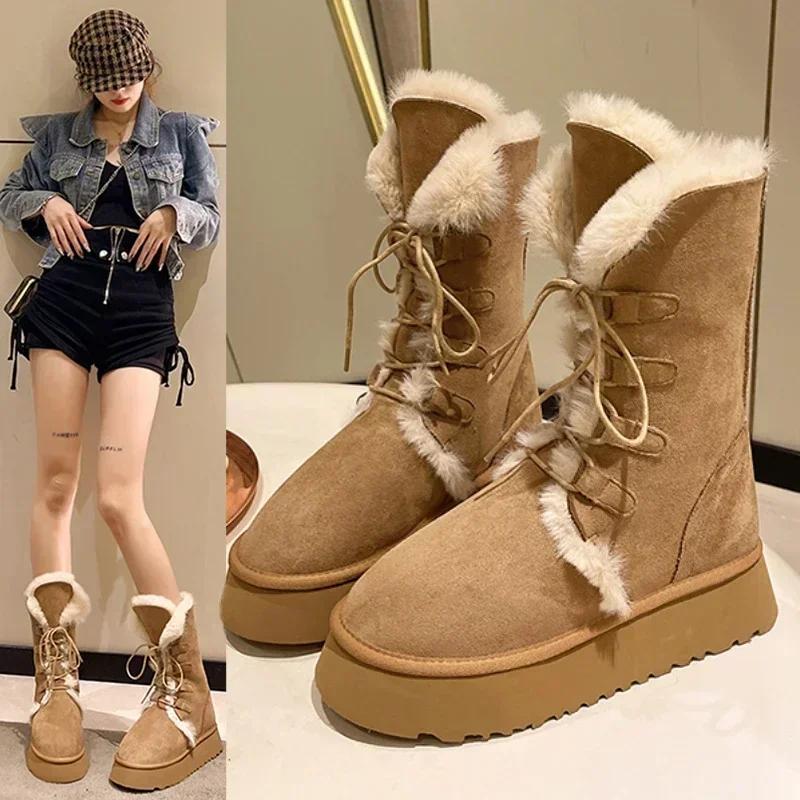 Fashion Platform Women's Boots Winter Short Plush Warm Snow Boots High Top Lace Up Ladies Mid-calf Boots Fashion Casual Flats Shoes