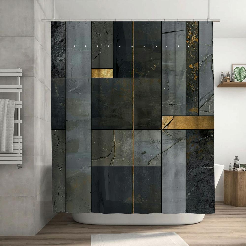 Luxury Marble Effect Shower Curtain Waterproof Bathroom Decor Gold Accents Large Size 72 X 84 Inches Gray Black White Modern Des