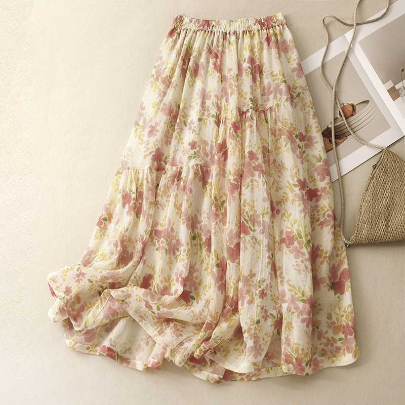 

Хлопок и лен мелкий цветочный хлопок и лен А-силуэт средней длины с неровной юбкой-кейком тонкий летний двухслойный 2XL