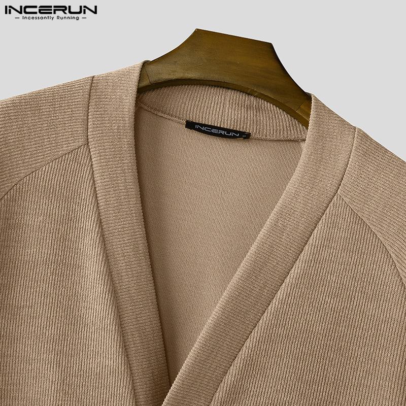 INCERUN Oversized Men V Neck Long Sleeve Buttons Loose Ribbed Knit Cardigan Tops