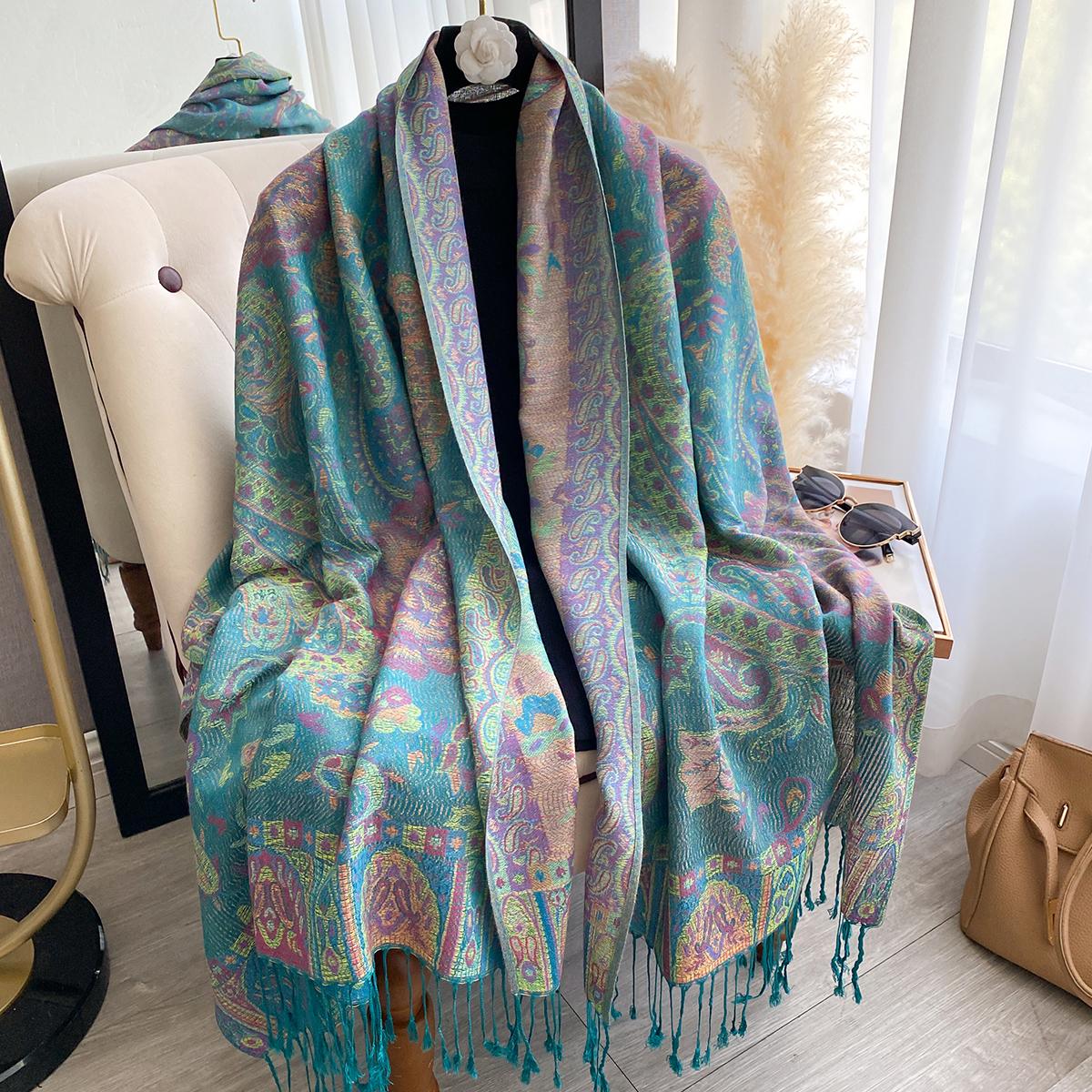 

Women S Fashion Faux Cashmere Winter Wraps Vintage Printed Tassels Thick Warm Pashmina Two-Sided Scarf Outdoor Shawls Foula