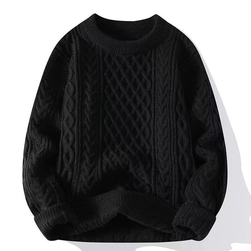 Men's Winter Cable Knit Sweater: Casual, Solid Color, Light Mature Style, Round Neck Pullover.