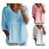 Loose Fit V Neck Casual Shirt Women 3 4 Sleeve Lace Splicing Top Solid Color Breathable Blouse