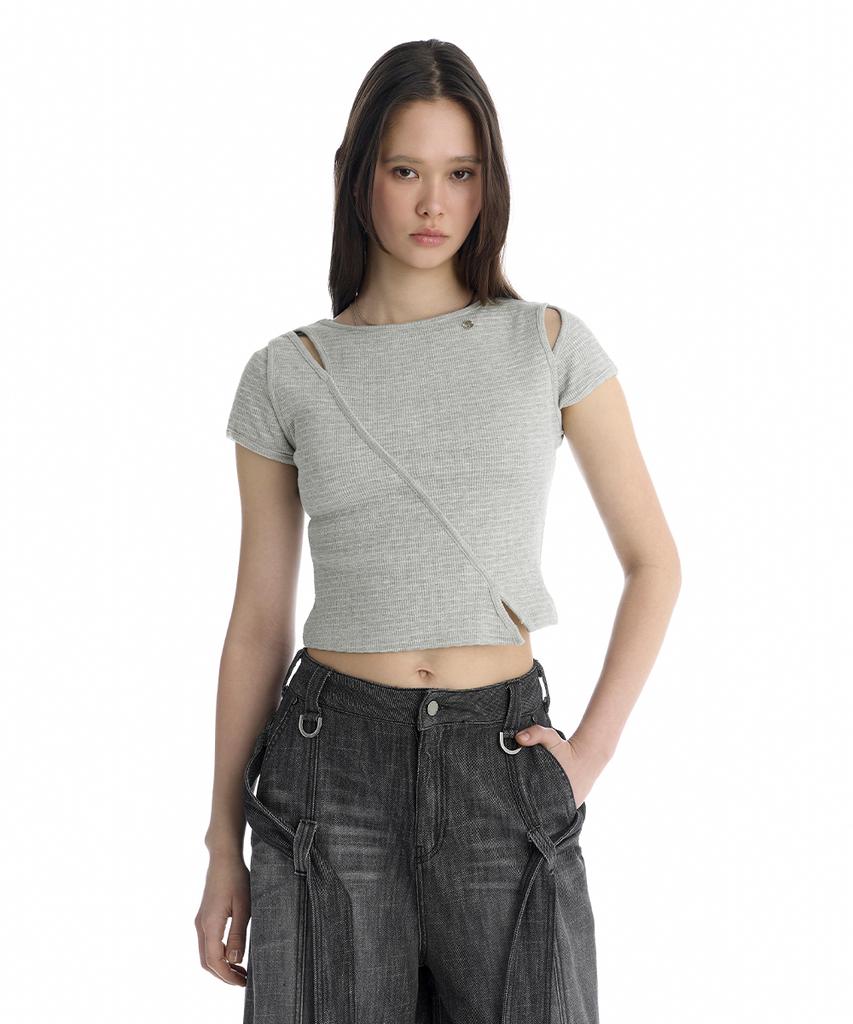 Teulimingbeodeu Slim-Fit Slit Ribbed T-Shirt [ Melange Gray ]