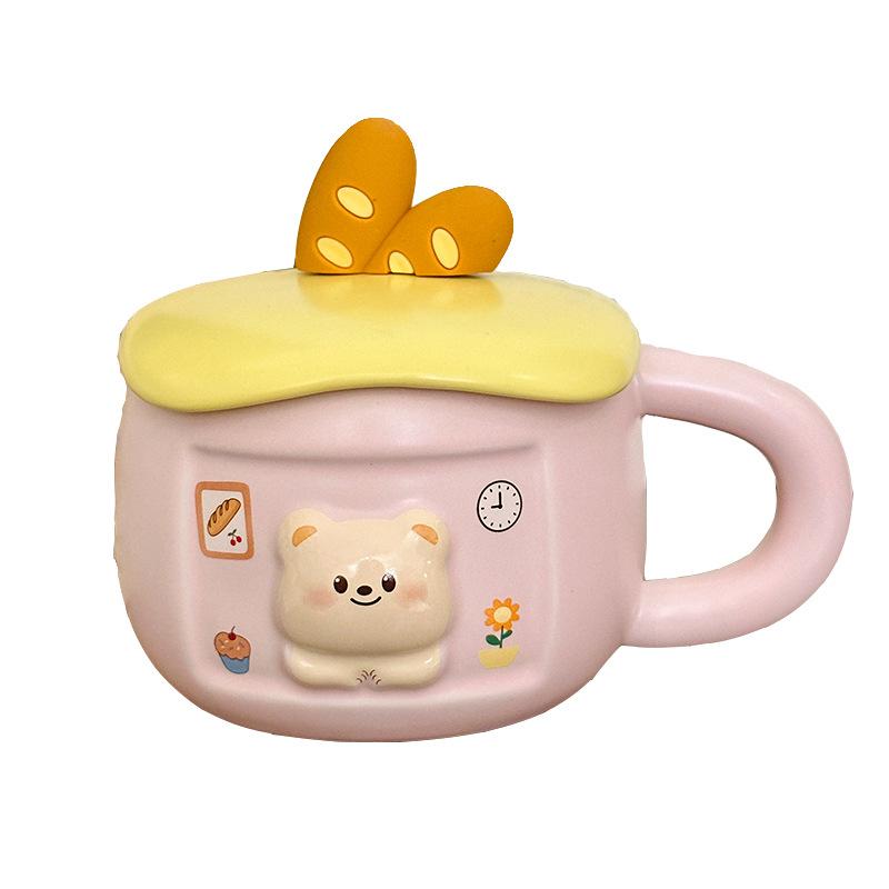 Cute Ceramic Mug with Lid Creative Household Milk Oatmeal Cup  Cheese Bread  Cute Bear Cartoon Cup  Souvenir