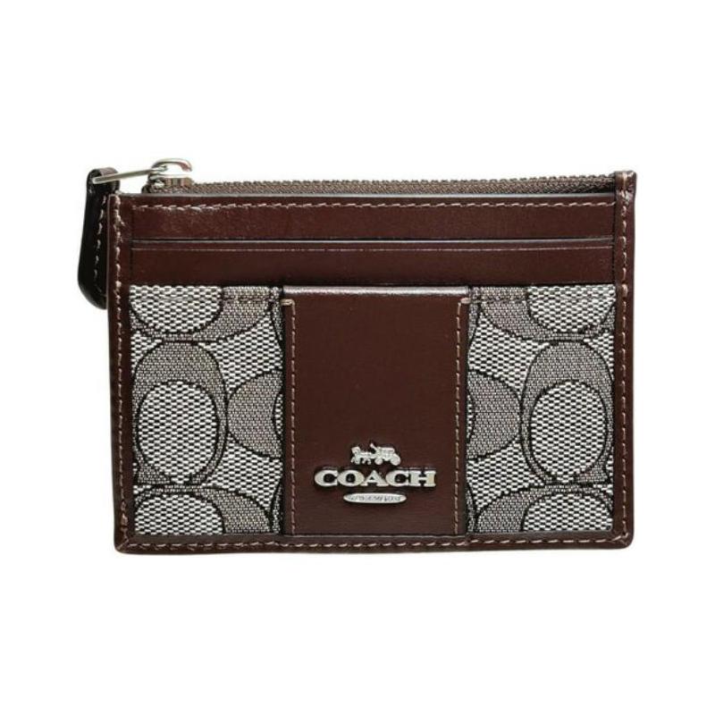 Coach Card Holder Skinny Id Case 11 Classic Presbyopia Logo Logo Zipper Closure Leather Wallet Regular Women's Silver and Oak Silver and Oak and Maple