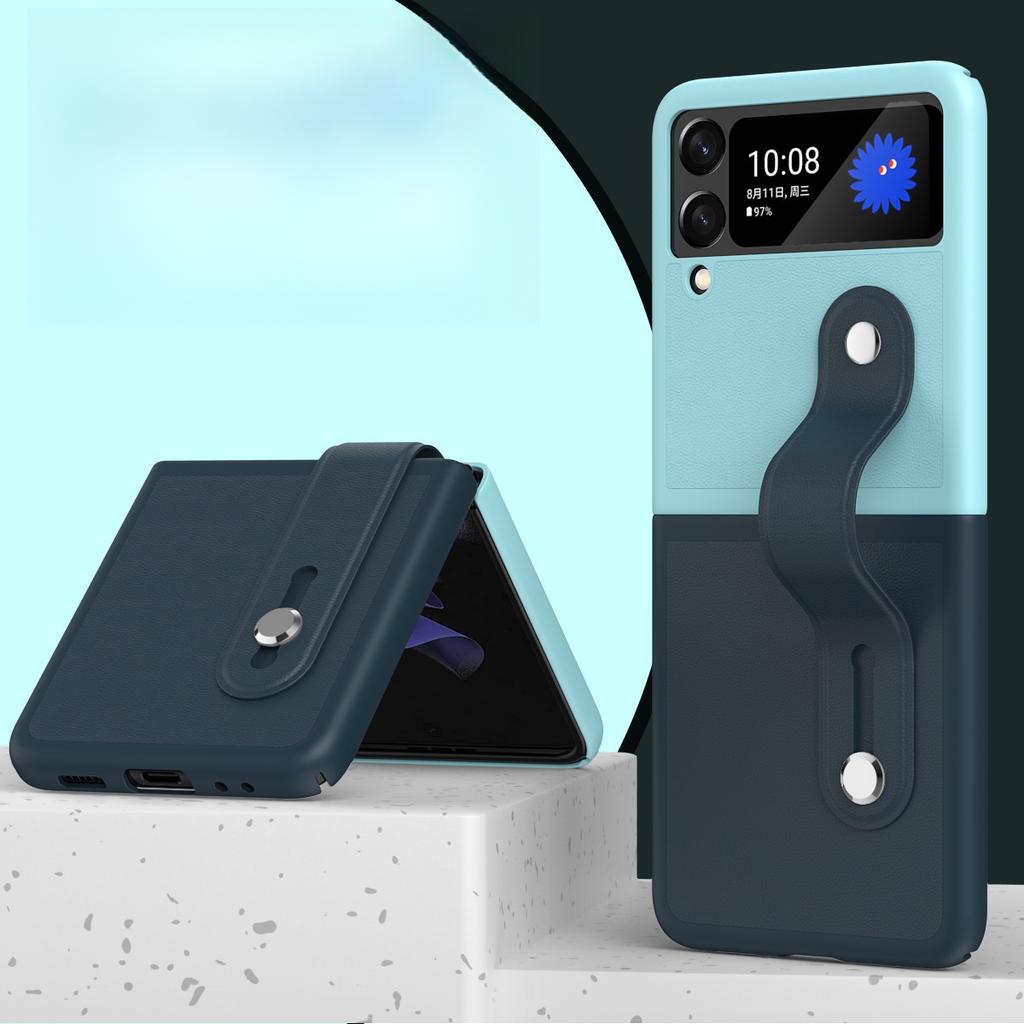 Suitable for Samsung Z Flip6 Wristband Stand Phone Case, Color-blocking Full Leather Texture Foldable Screen Z Flip45 Protective Case