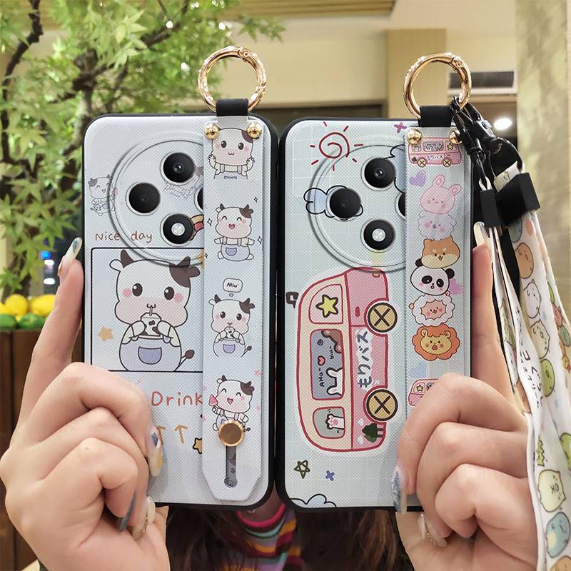 Back Cover Waterproof Phone Case For OPPO Reno12F 5G Silicone Wristband Ring Cartoon Shockproof Anti-knock Wrist Strap