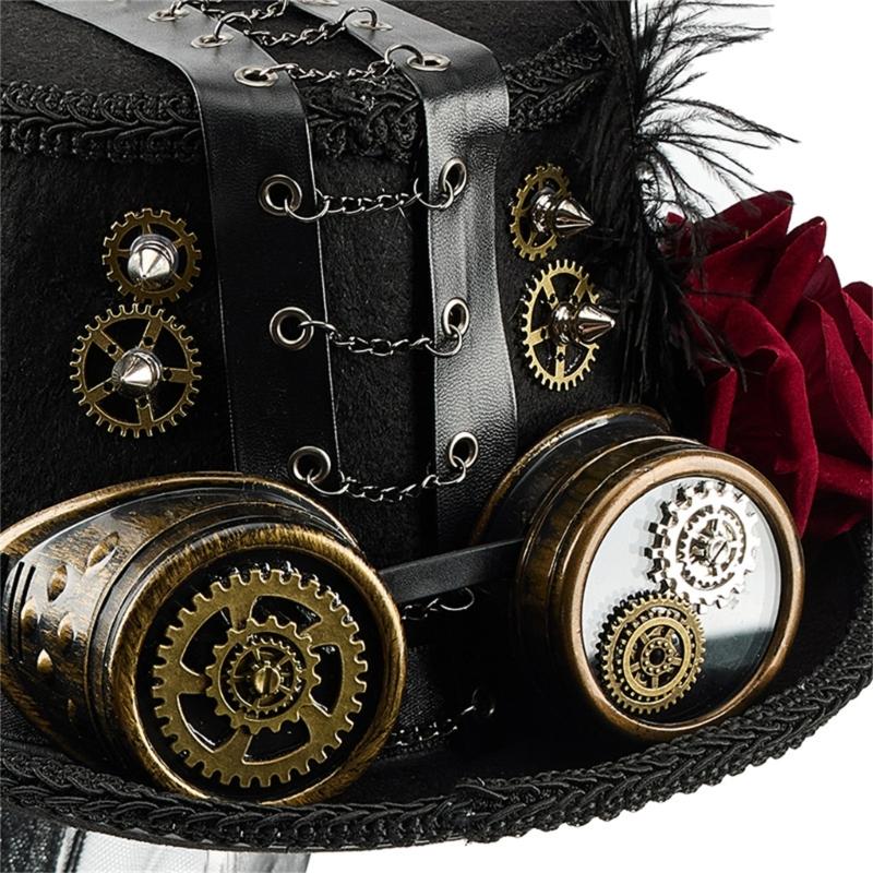 Gothic Metal Gear Hat Costume Accessory With Goggles and Rose Flower Long Veil Magicians Tall Hat for Theme Event
