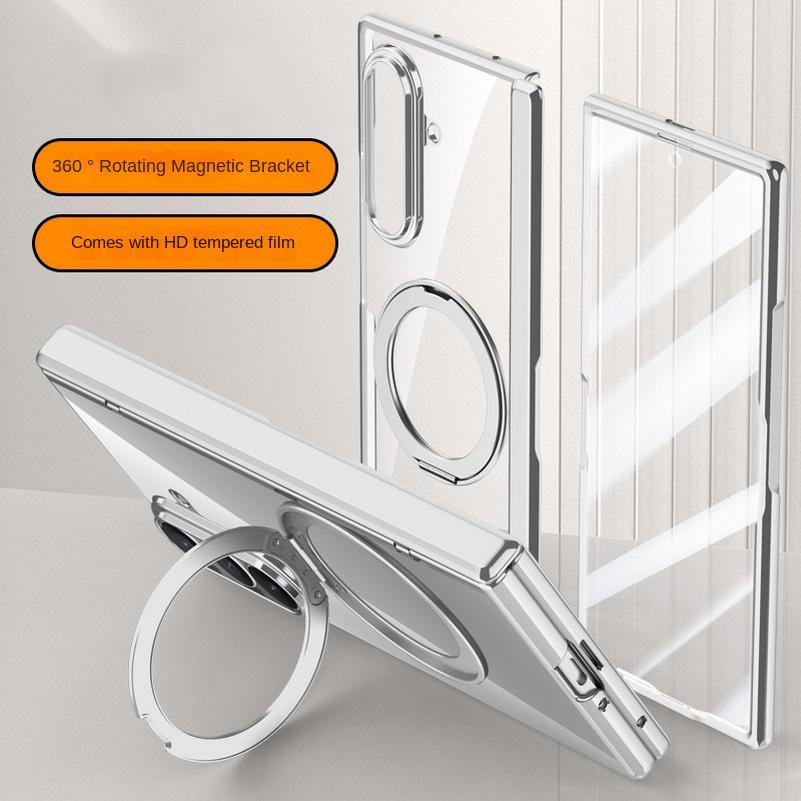 Metal Ring Holder Magsafe Magnetic Phone Case for Samsung Galaxy Z Fold 7 Spring Hinge with Tempered Glass Film Protection Cover