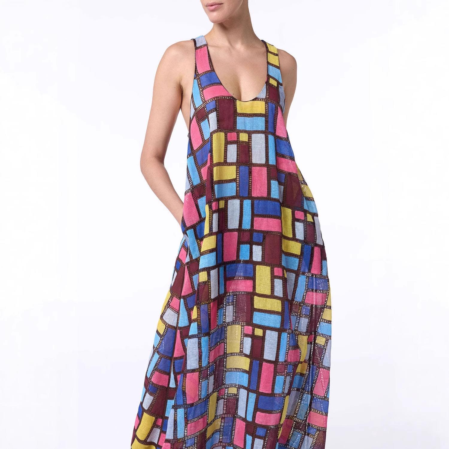 Ärmelloses Damen-Maxikleid mit Farbblock-Geometriedruck L