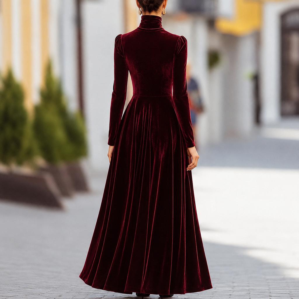Women's Velvet High Neck Dress with Fitted Waist and Flared Skirt for Elegant Occasions