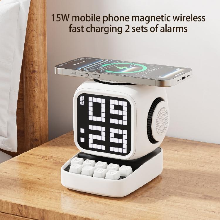 Wireless Charging Speaker 10W Premium Sound Magnetics Alignment Rotating LED Display With Clock And Snooze Alarms