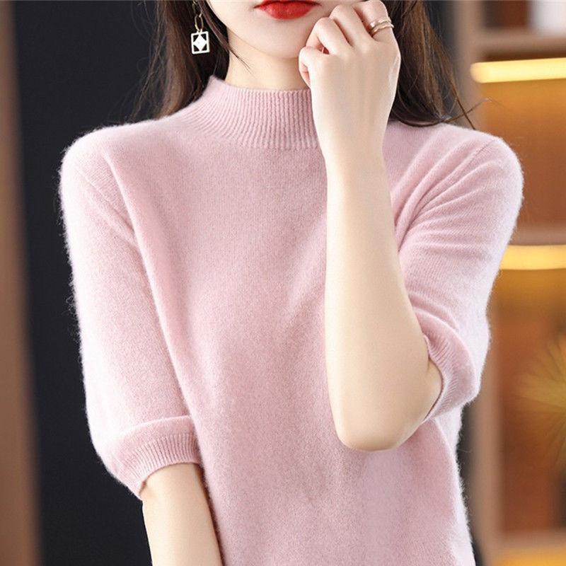 SpringSummer Short Sleeve Sweater Women s Half Turtleneck Short Loose Half Sleeve T-Shirt Versatile Knitted Bottoming Shirt S розовый 1169₽