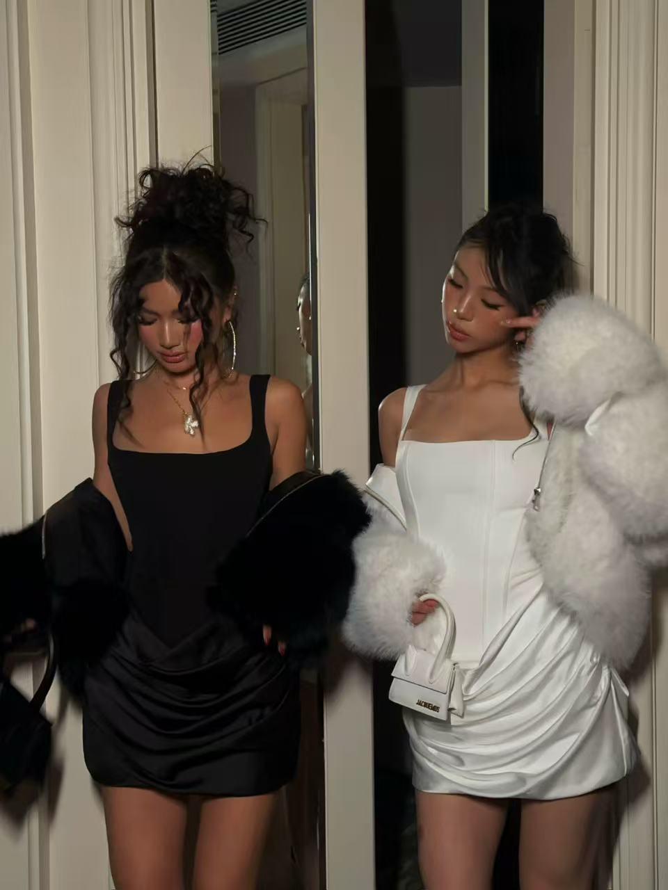 

Elegant European & American Fishbone Strappy Slip Dress - Sexy Waist-Cinched Evening Gown Large білий