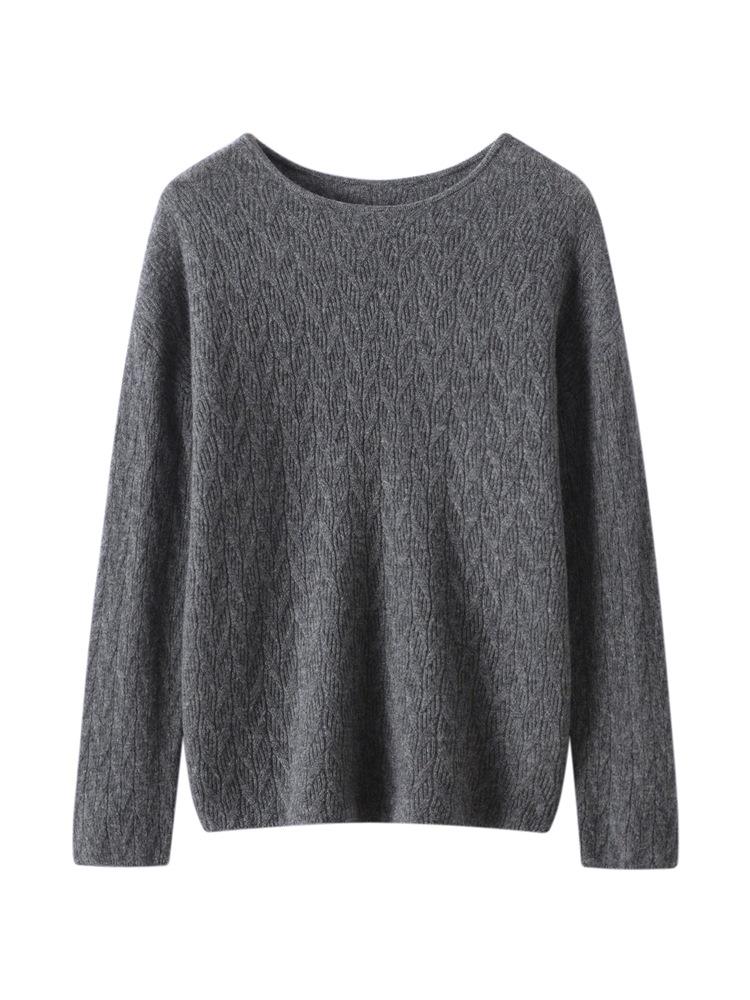 Women's 100% Pure Cashmere Floral Pattern Round Neck Loose Knit Pullover Sweater