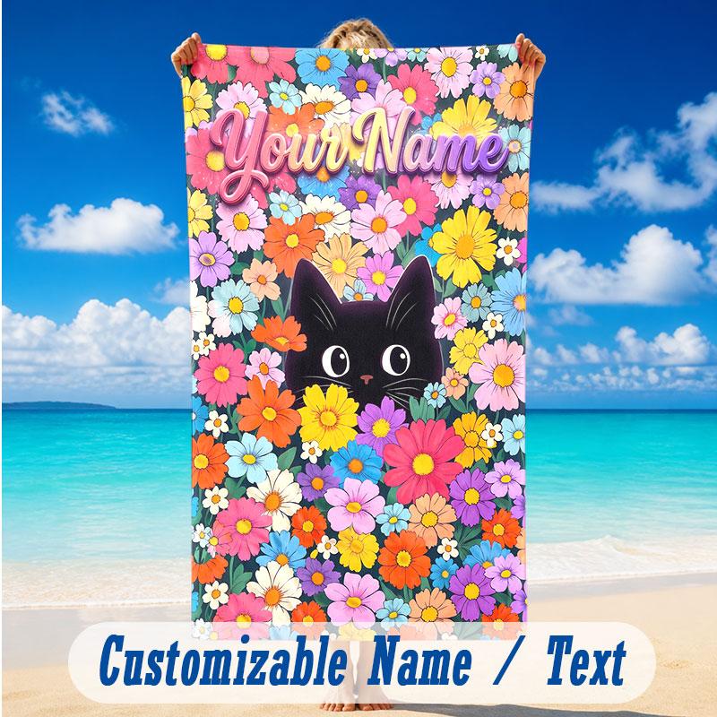 Cat Theme Beach Towel Personalized Custom Name & Text Soft Quick Dry Beach Towel for Swimming Travel