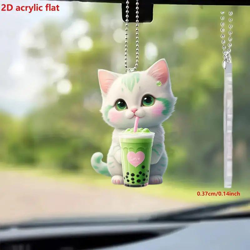 1Pcs Flat 2D Cute Kitten Rearview Mirrors Pendant Car Hanging Ornament Car Decoration Accessories Gifts For Women Men Decoration