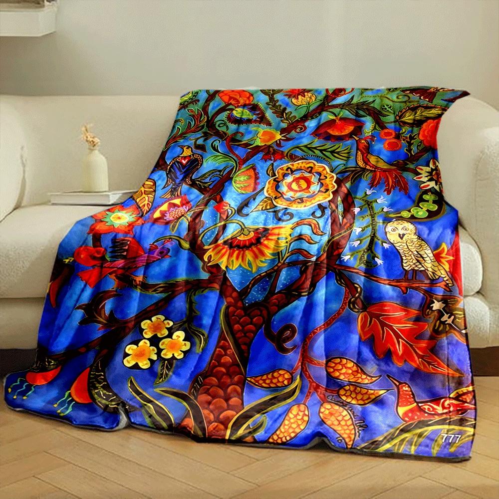 Whimsical Tree with Colorful Birds, Flowers, and Various Ornate Leaves. for All Seasons Blanket Lunch Break Throw Gift