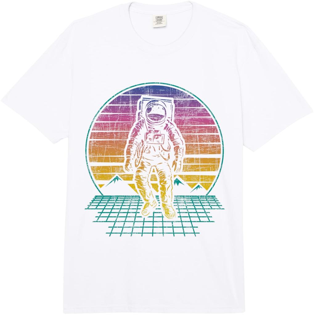Retro Astronaut Vaporwave Sunset Grid Graphic Tee Men Casual Short Sleeve TShirt