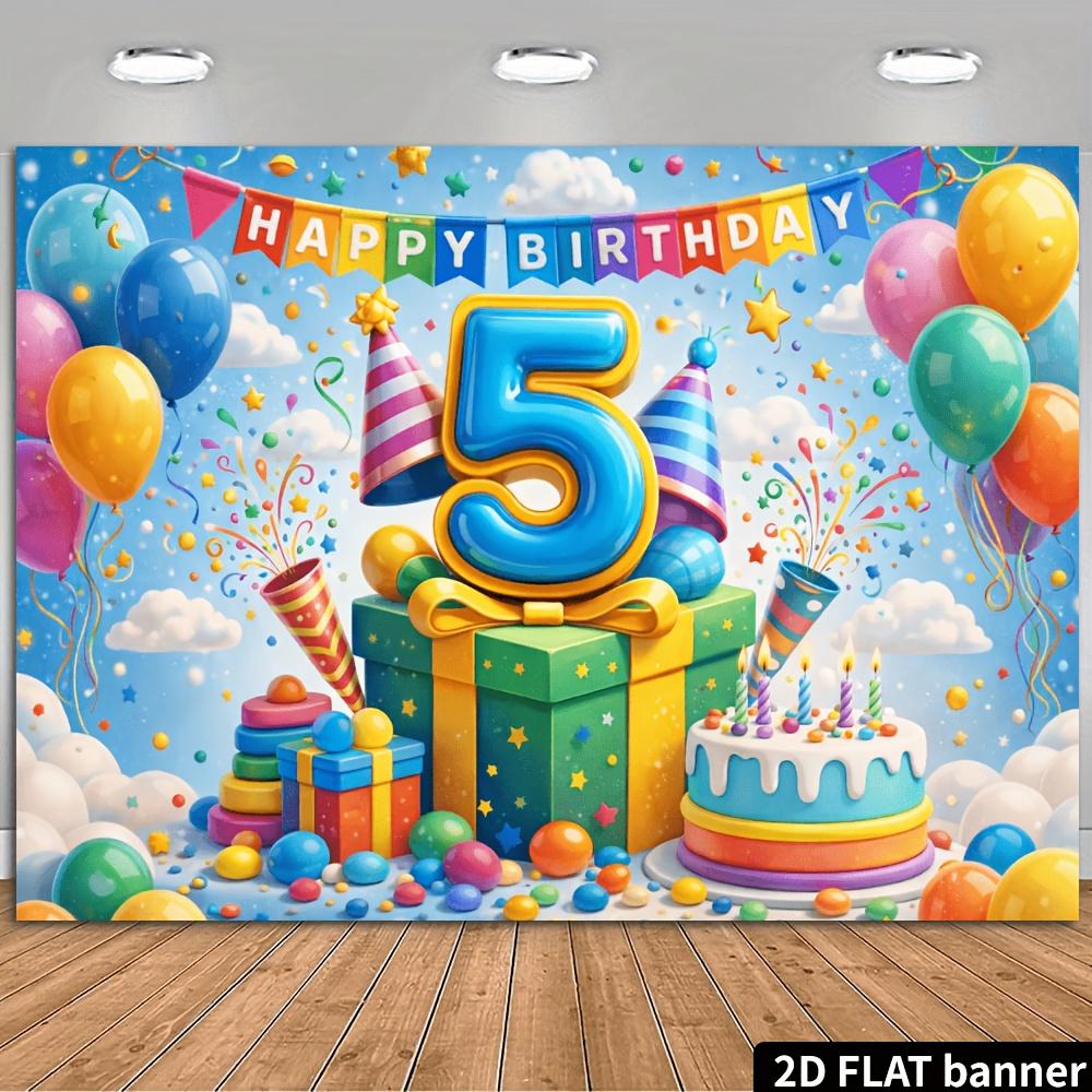 2D Plane 1 Birthday Party for 5-year-old Child. Theme of 5th Birthday Accompanied by Colorful Balloons and Birthday Cake.